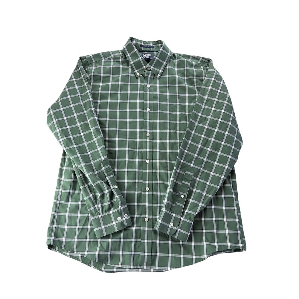 Lands End Mens Button Up Shirt Large No Iron Twill Long Sleeve Green Cotton